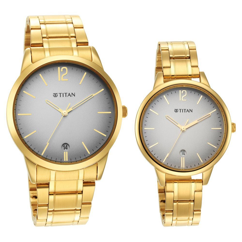 Titan Bandhan Grey Dial Analog Stainless Steel Strap Watch for Couple