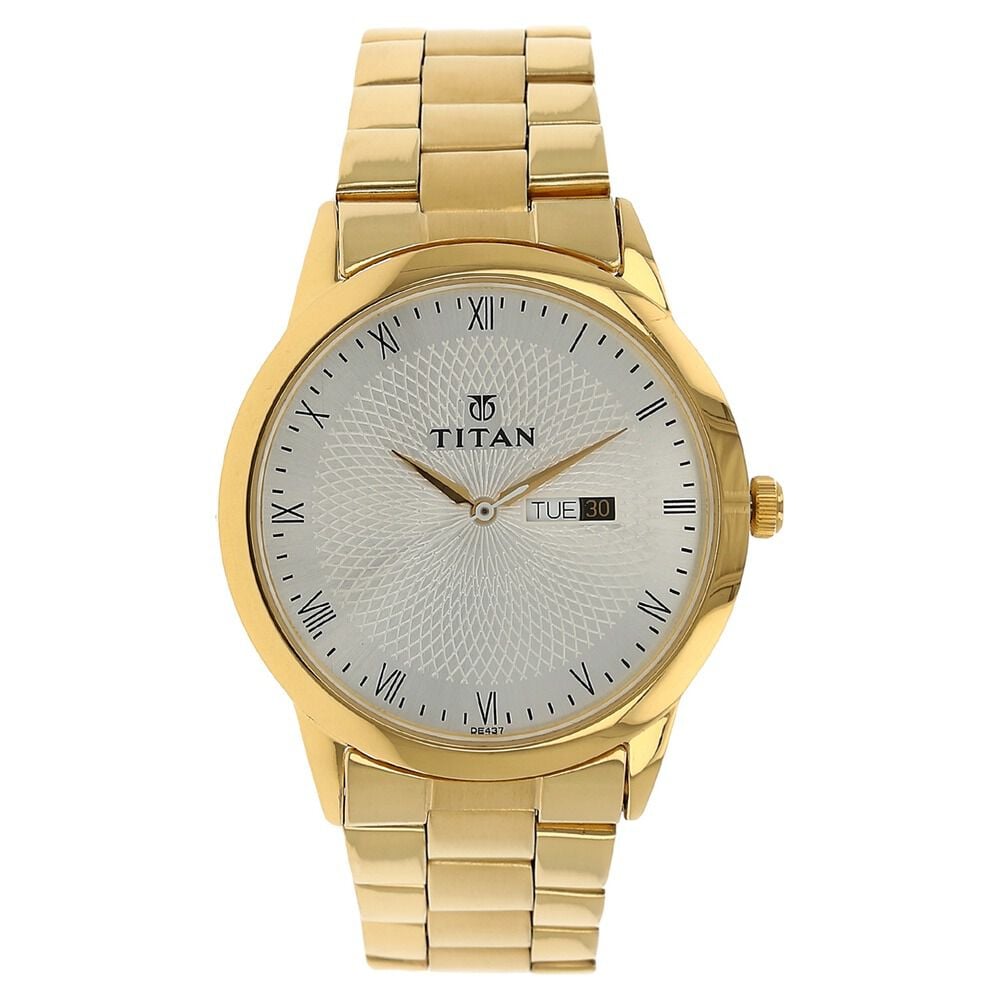 Titan Quartz Analog with Day and Date Silver Round Dial Golden Stainless Steel Strap Watch For Men
