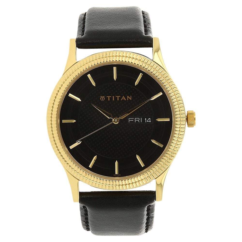 Titan Quartz Analog with Day and Date Black Dial Leather Strap Watch for Men