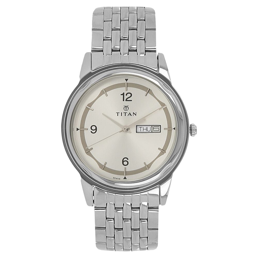 [1638sm01] Titan Quartz Analog with Day and Date Silver Dial Silver Stainless Steel Strap Watch For Men