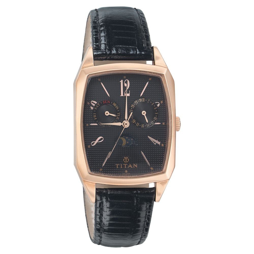 Titan Classic Black Dial Quartz Multifunction Leather Strap watch for Men