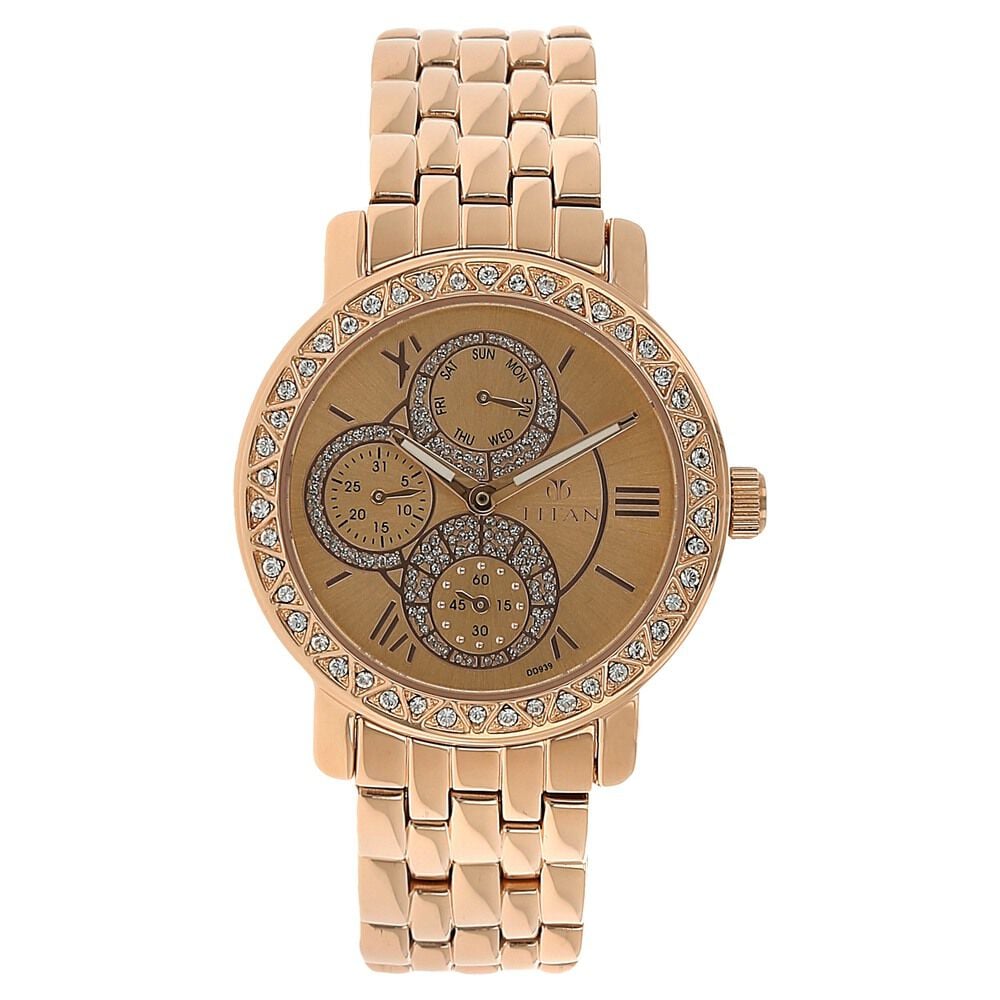 [9743wm01] Titan Quartz Analog with Day and Date Rose Gold Dial Metal Strap Watch for Women