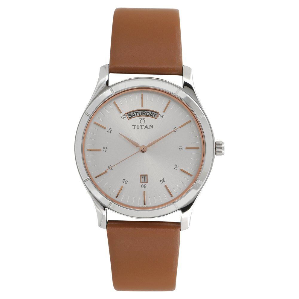 [1767sl01] Titan On Trend White Dial Analog with Day and Date Leather Strap watch for Men