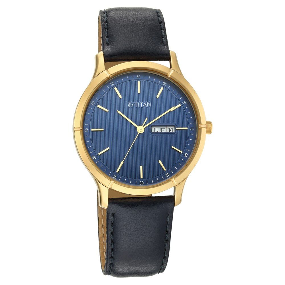 [1775yl02] Titan Lagan Blue Dial Analog with Day and Date Leather Strap Watch for Men