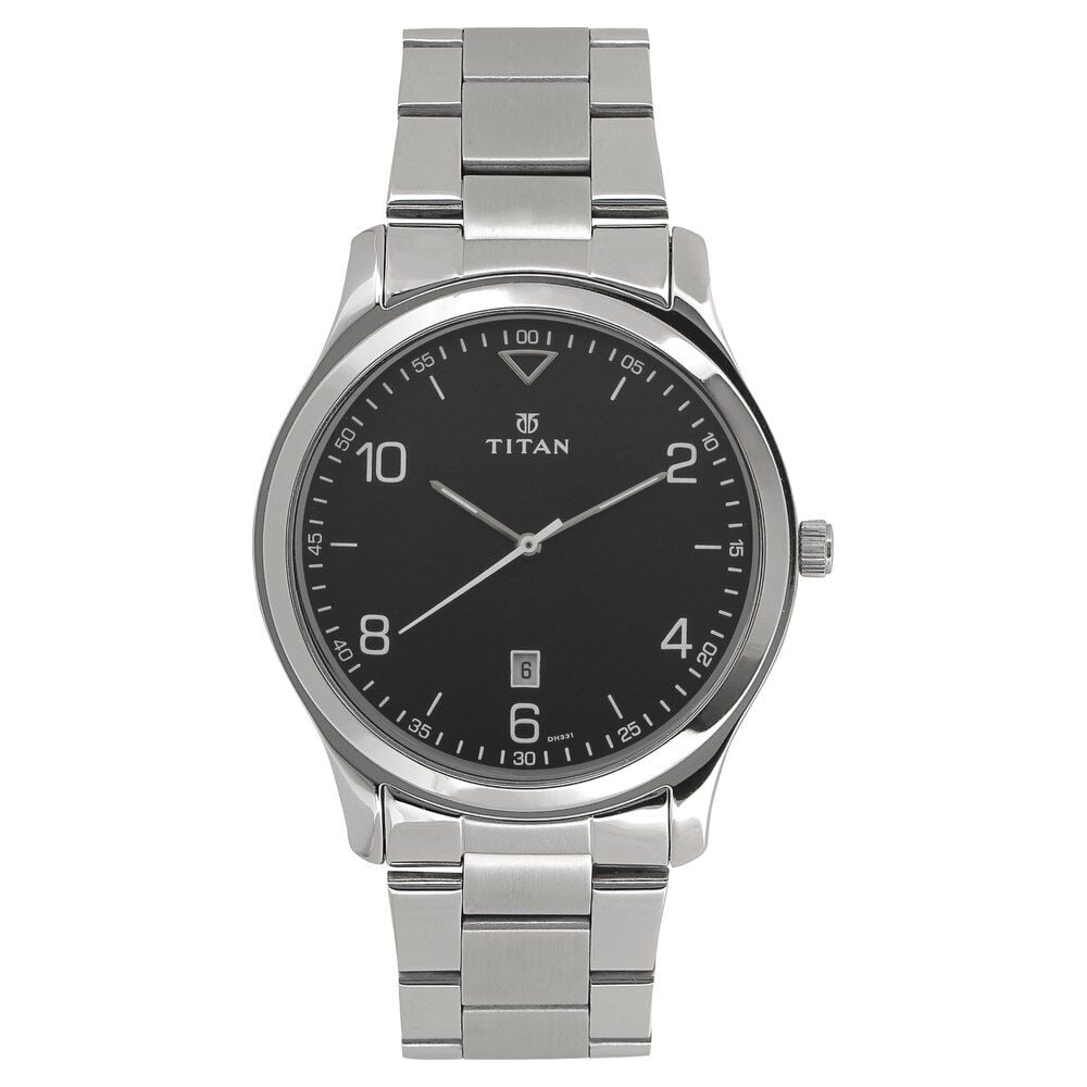 [1770sm02] Titan Workwear Black Dial Analog with Date Stainless Steel Strap Watch for Men