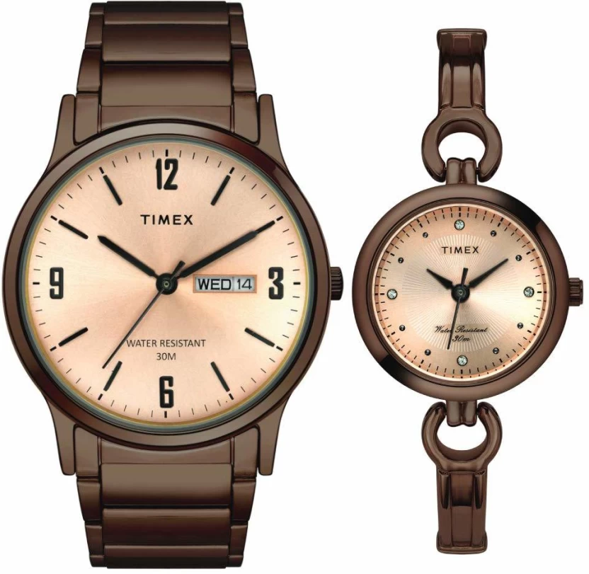 Timex Classics Pairs Rose Gold Dial Round Case Day Date/3 Hands Function Watch -TW00PR265