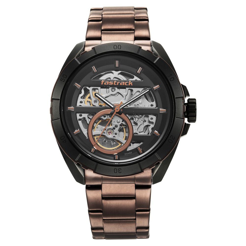 [3297KM01] Fastrack Automatics Black Dial Brown Stainless Steel Strap Watch For Guys
