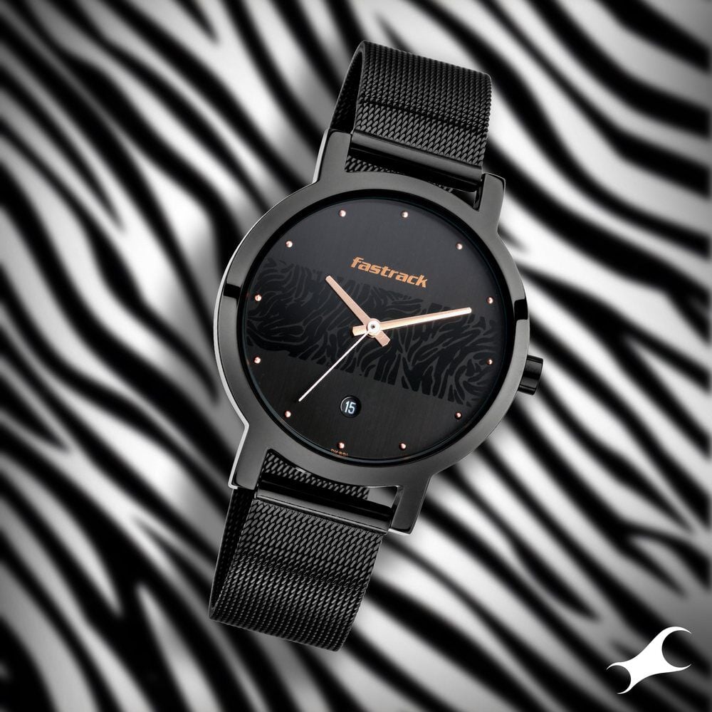 Fastrack Animal Print Quartz Analog with Date Black Dial Stainless Steel Strap Watch for Girls