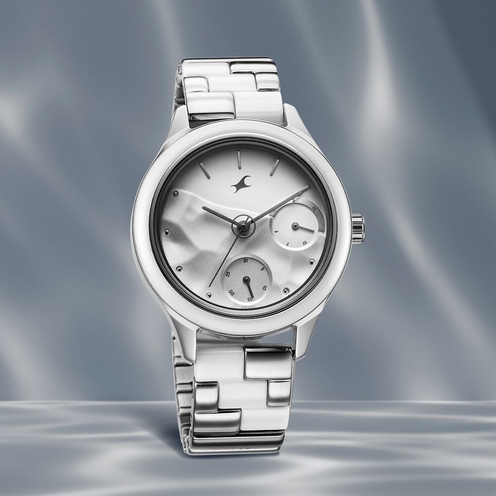 [6294KD02] Fastrack Cerame Quartz Multifunction Silver Dial With Silver Color Steel & Ceramic Strap Watch For Girls