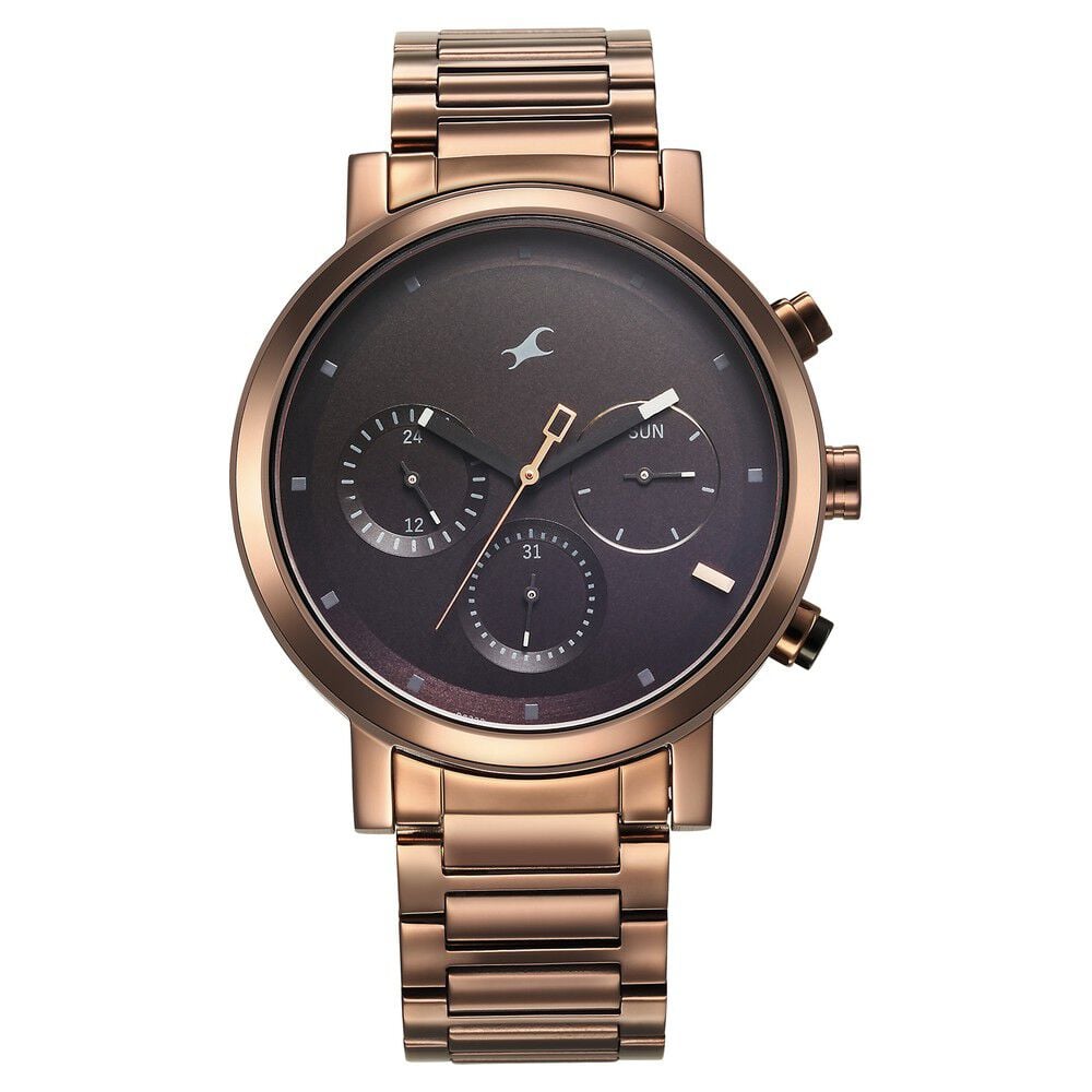 [3287KM07] Fastrack Tick Tock Quartz Analog Black Dial With Brown Stainless steel Strap Watch for Guys