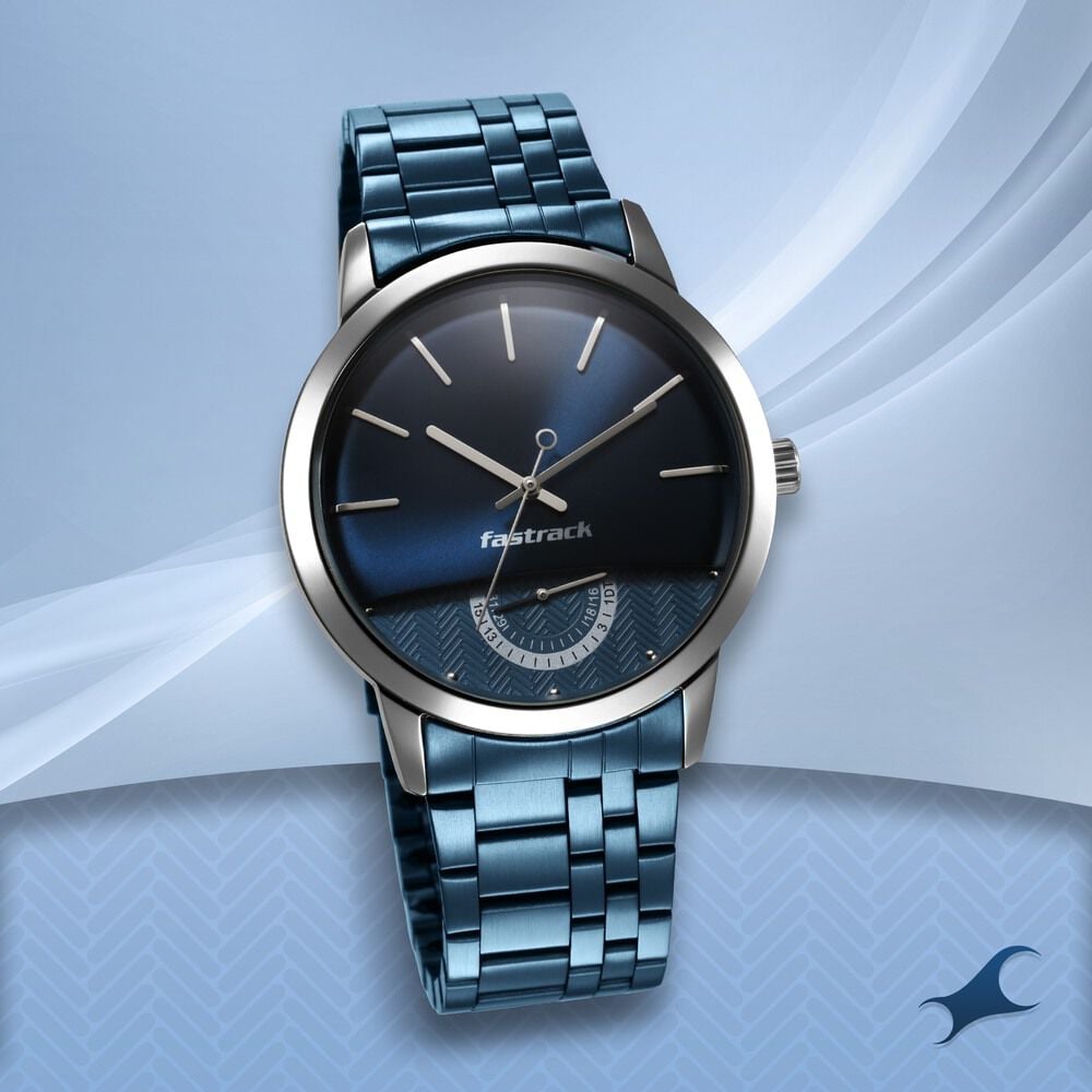 Fastrack Opulence Quartz Analog with Date Blue Dial Stainless Steel Strap Watch for Guys