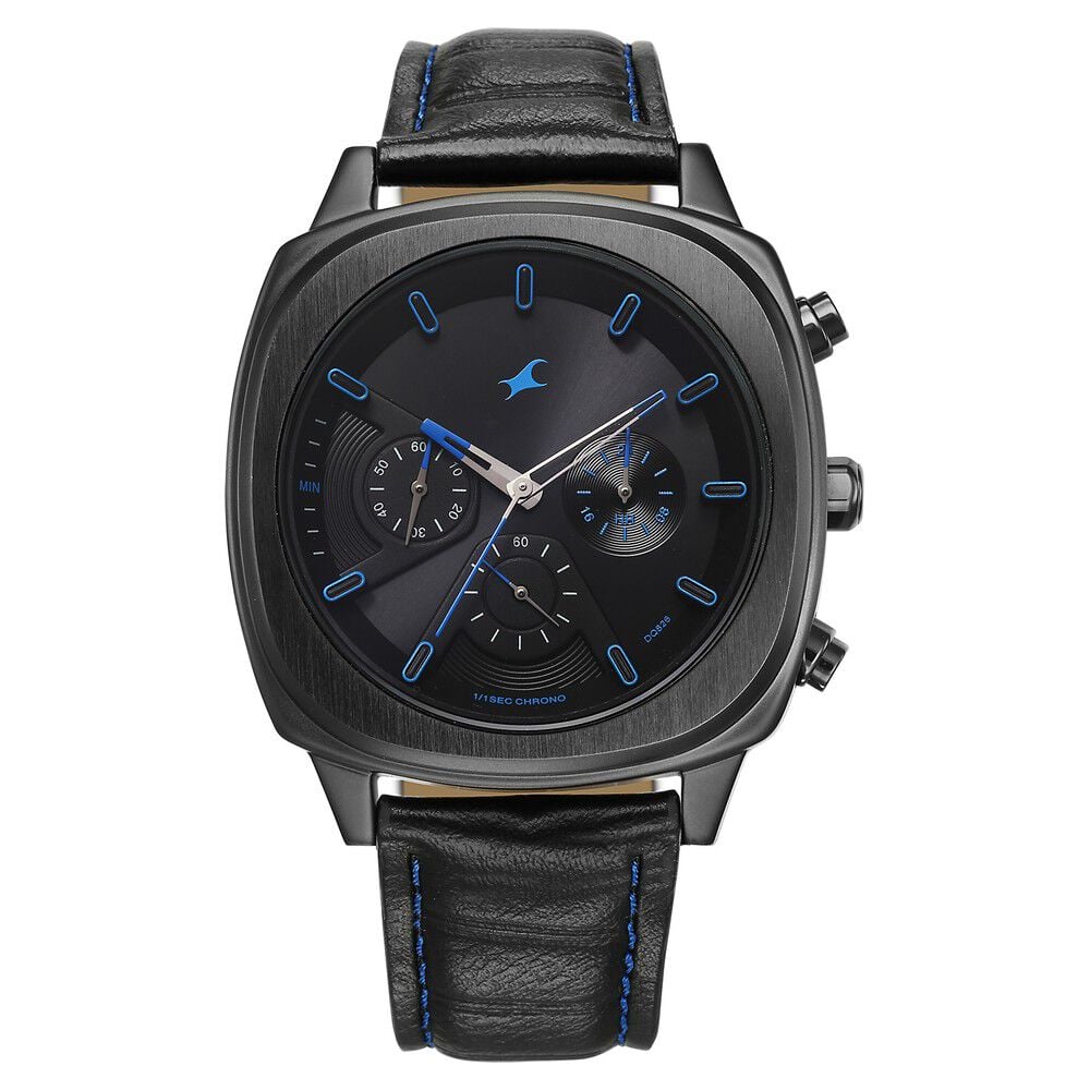 [3319NL02] Fastrack Kronos Chronograph Black Dial Black Leather Strap Watch For Guys