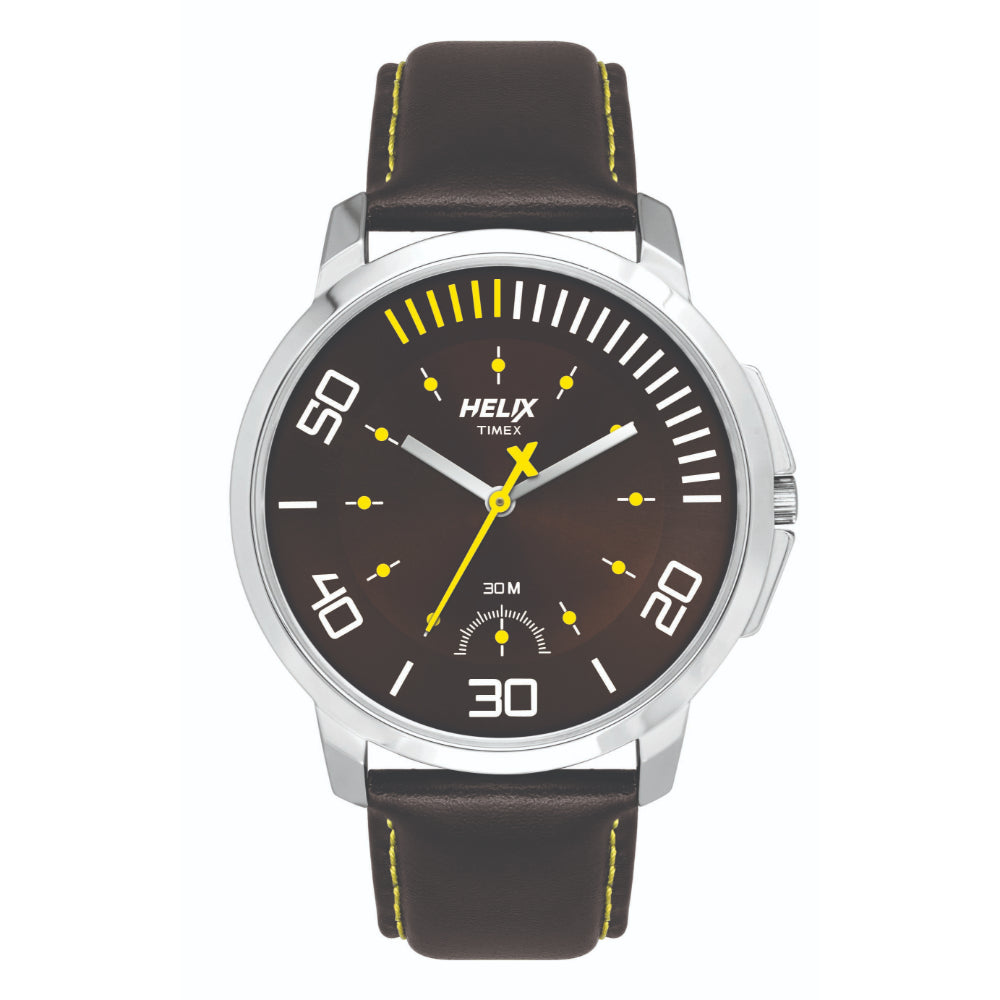 [TW027HG06] Helix By Timex Brown Round Analog Leather Watch Men -TW027HG06