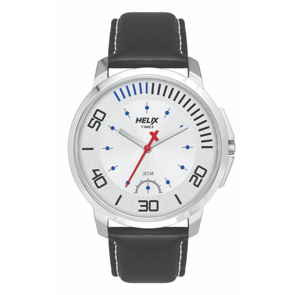 [TW027HG05] Helix By Timex Silver Round Analog Leather Watch Men -TW027HG05