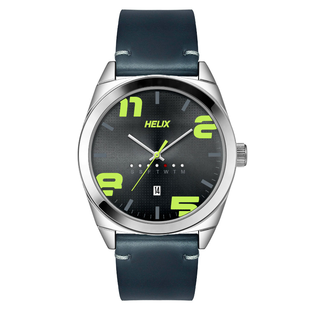 [TW044HG02] Helix By Timex Grey Round Analog Leather Watch Men -TW044HG02