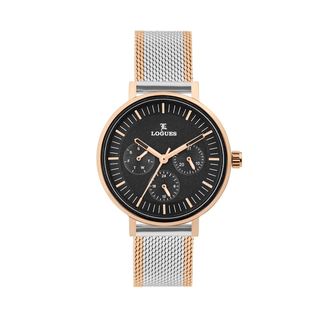 [L1716BWZ-03] Logues Quartz Analogue Black Dial Rose Mesh Strap Watch For Women