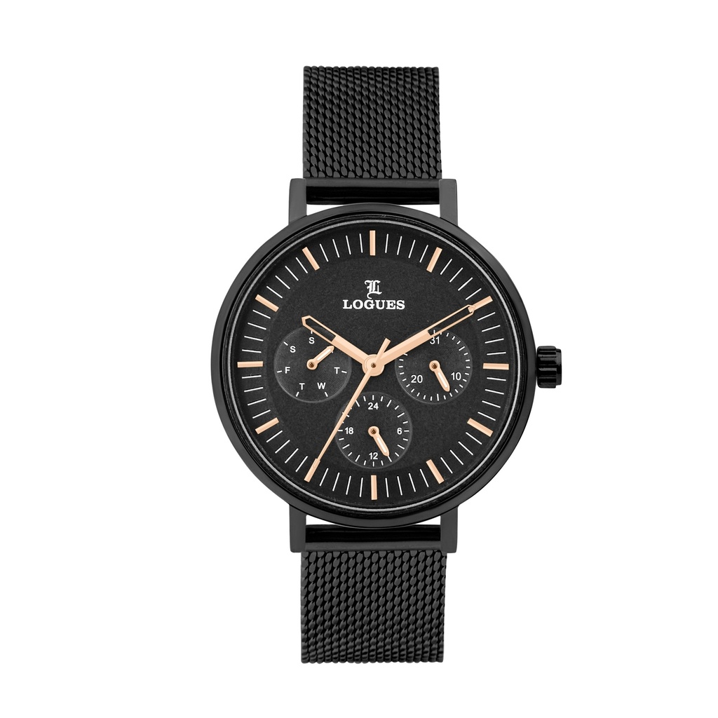 [L1716NZ-03] Logues Quartz Analogue Black Dial Black Mesh Strap Watch For Women