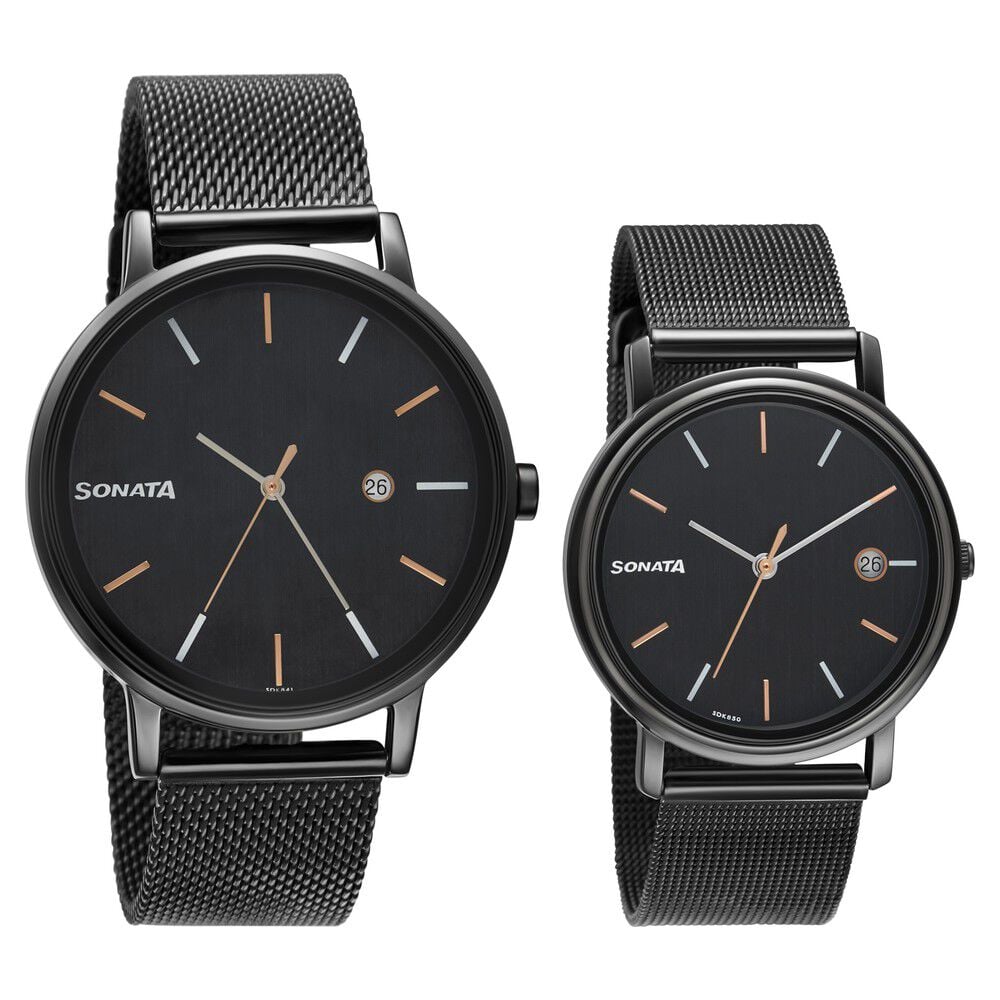 Sonata Quartz Analog with Date Black Dial Metal Strap Watch for Couple