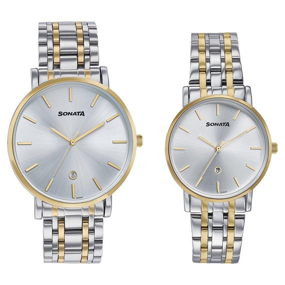 [7716787086bm01] Sonata Wedding Edit Quartz Analog with Date Silver Dial Stainless Steel Strap Watch For Pair