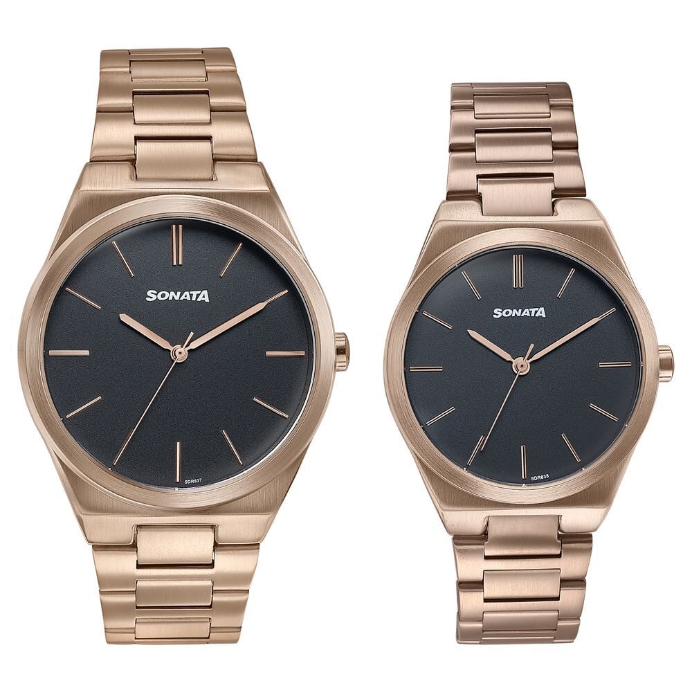 [7716987088WM01] Sonata Wedding Edit Quartz Analog Black Dial Stainless Steel Strap Watch For Pair