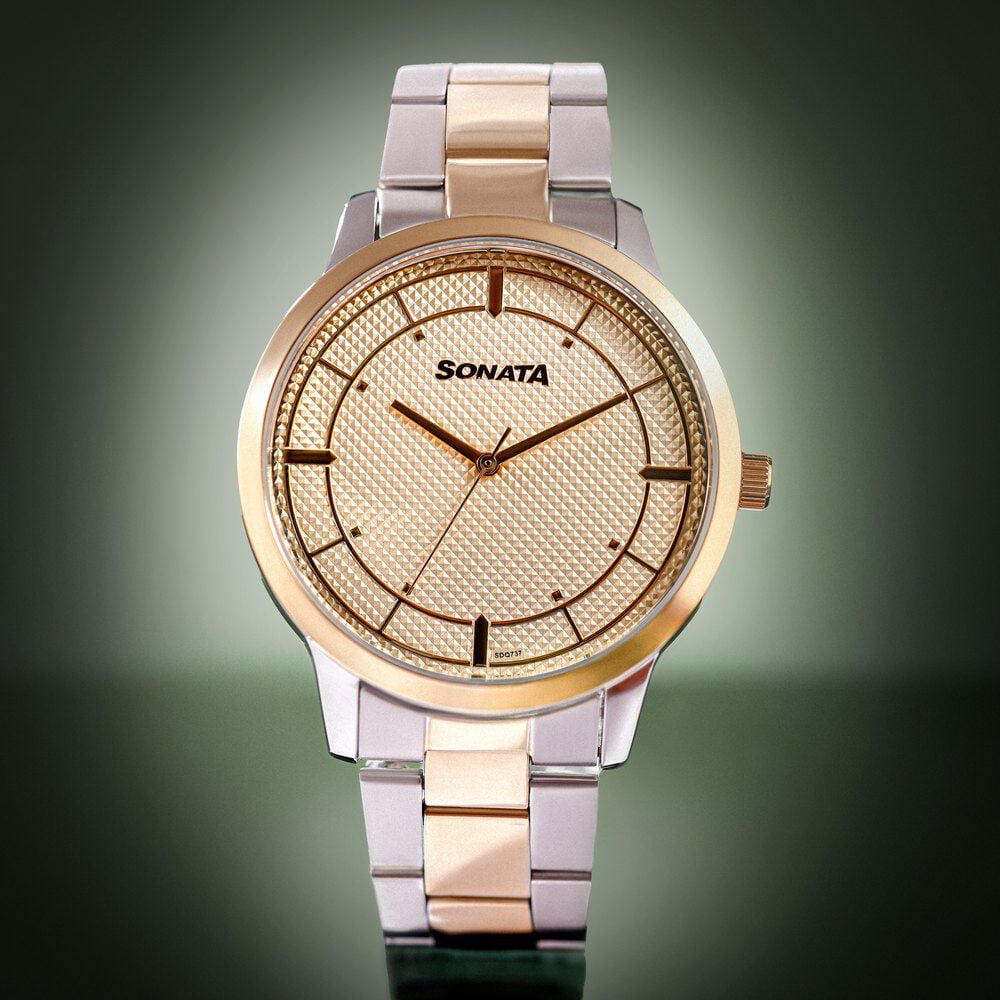 [77148BM01] Sonata Quartz Analog Golden Dial Two Toned Stainless Steel Strap Watch For Men