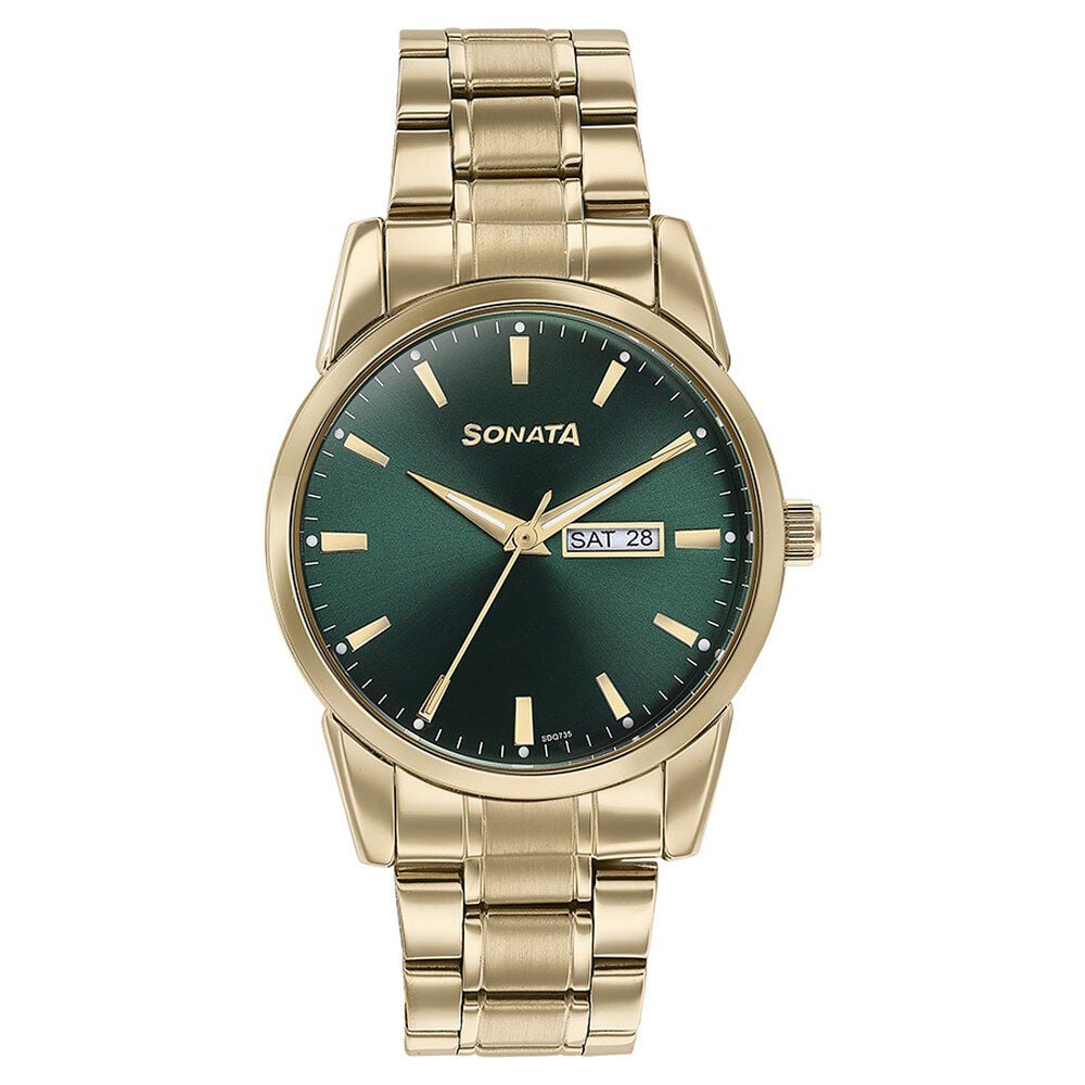 [77147ym02] Sonata Quartz Analog with Day and Date Green Dial Golden Stainless Steel Strap Watch For Men