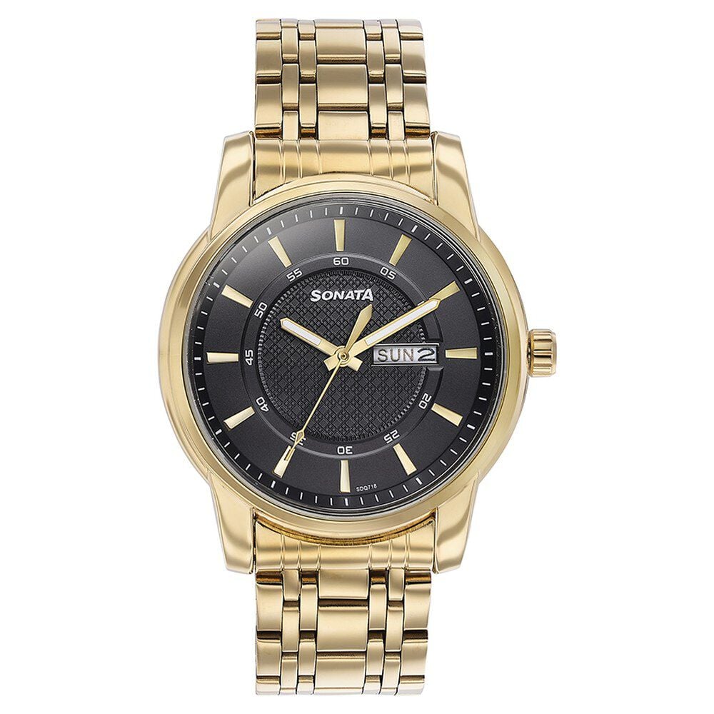 [77141ym01] Sonata Quartz Analog with Day and Date Black Dial Golden Stainless Steel Strap Watch For Men