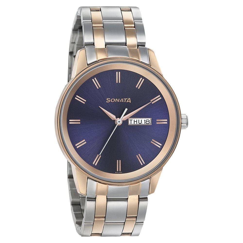 [7133KM02] Sonata Quartz Analog with Day and Date Blue Dial Bimetal Strap Watch for Men
