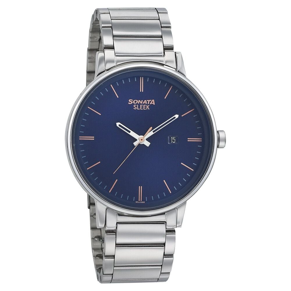 [7131SM01] Sonata Quartz Analog Blue Dial Stainless Steel Strap Watch for Men