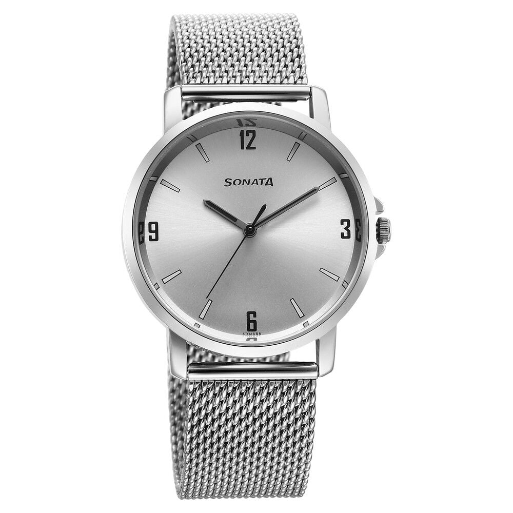 [77083sm07] Sonata Quartz Analog Silver Dial Watch for Men
