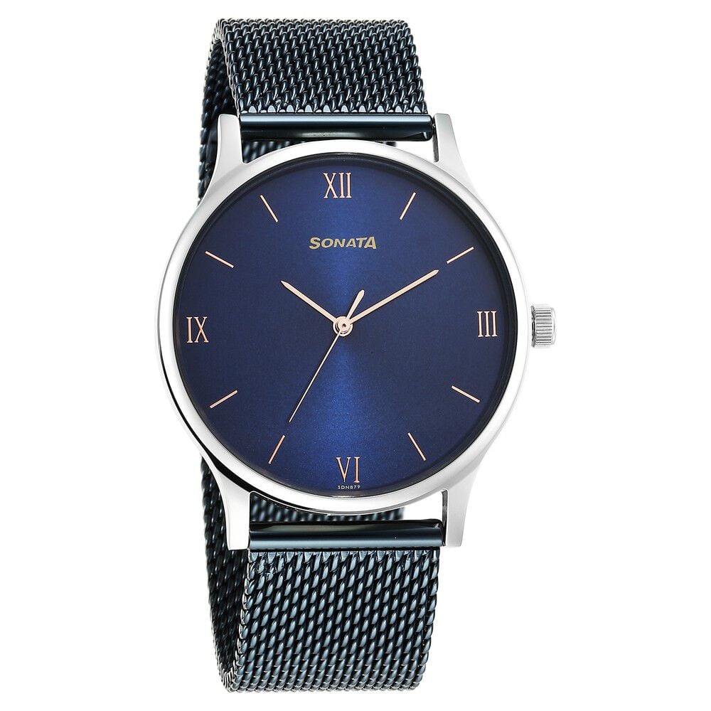 [77105km02] Sonata Blues Quartz Analog Blue Dial Metal Strap Watch for Men