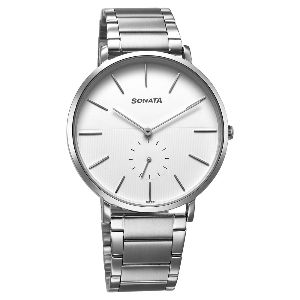 [77150sm03] Sonata Ascent Quartz Analog White Dial Stainless Steel Strap Watch For Men