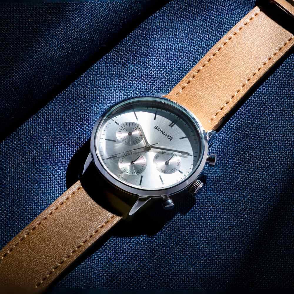 [77139sl01] Sonata Quartz Multifunction Silver Dial Brown Leather Strap Watch For Men