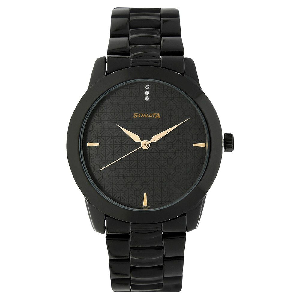 [7924nm01] Sonata Quartz Analog Black Dial Metal Strap Watch for Men