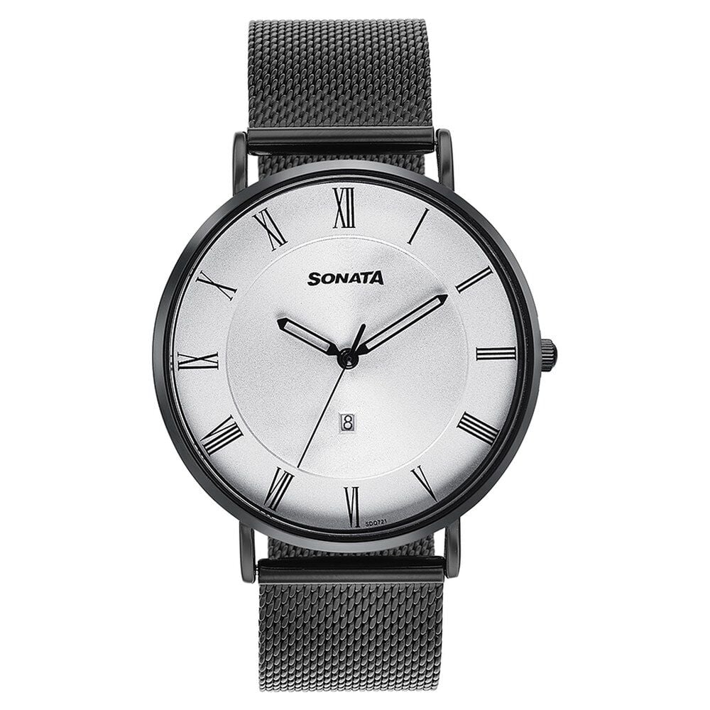 [77142nm01] Sonata Quartz Analog with Date Silver Dial Black Stainless Steel Strap Watch For Men