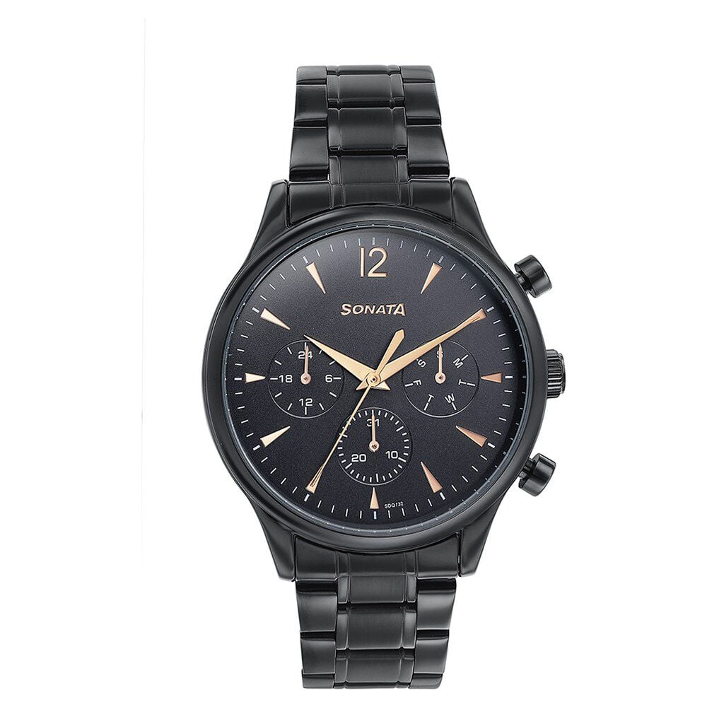 Sonata Wedding Edit Quartz Multifunction Black Dial Stainless Steel Strap Watch For Men