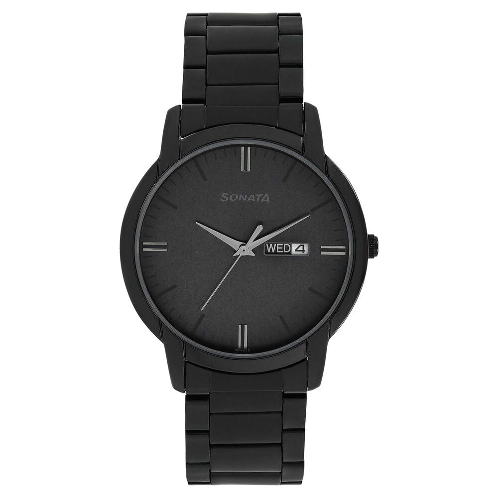 Sonata Quartz Analog with Day and Date Black Dial Stainless Steel Strap Watch for Men
