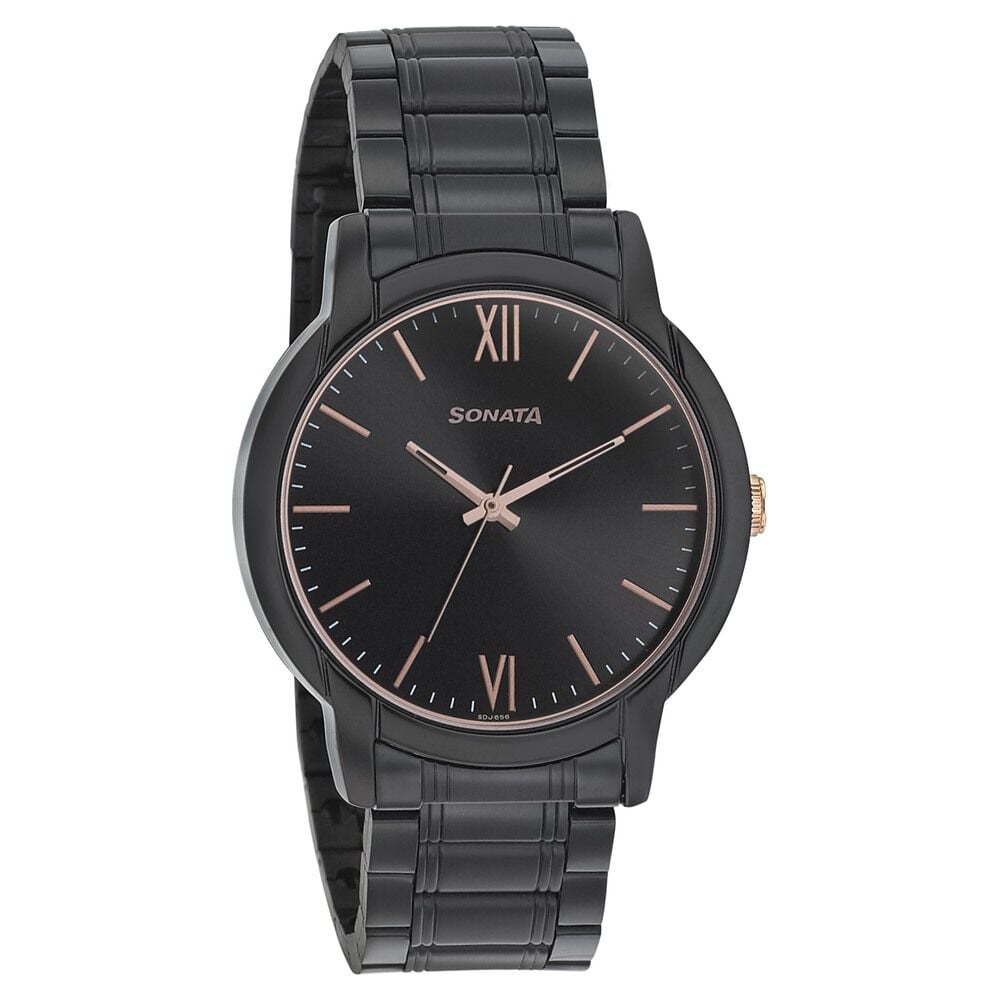 [77031km03] Sonata Beyond Gold Quartz Analog Black Dial Metal Strap Watch for Men