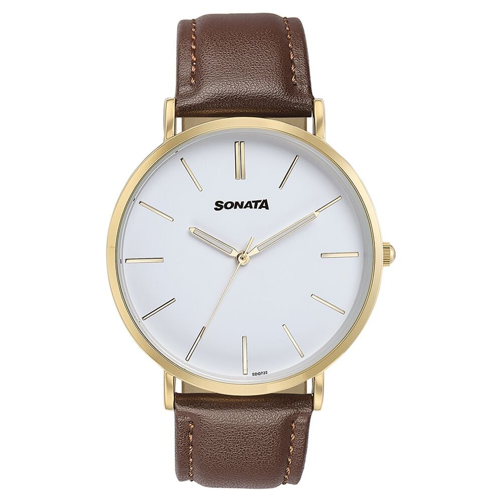 [77143yl01] Sonata Quartz Analog White Dial Brown Leather Strap Watch For Men