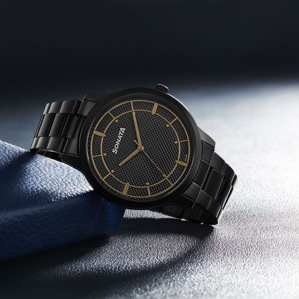 [77148nm01] Sonata Quartz Analog Black Dial Black Stainless Steel Strap Watch For Men