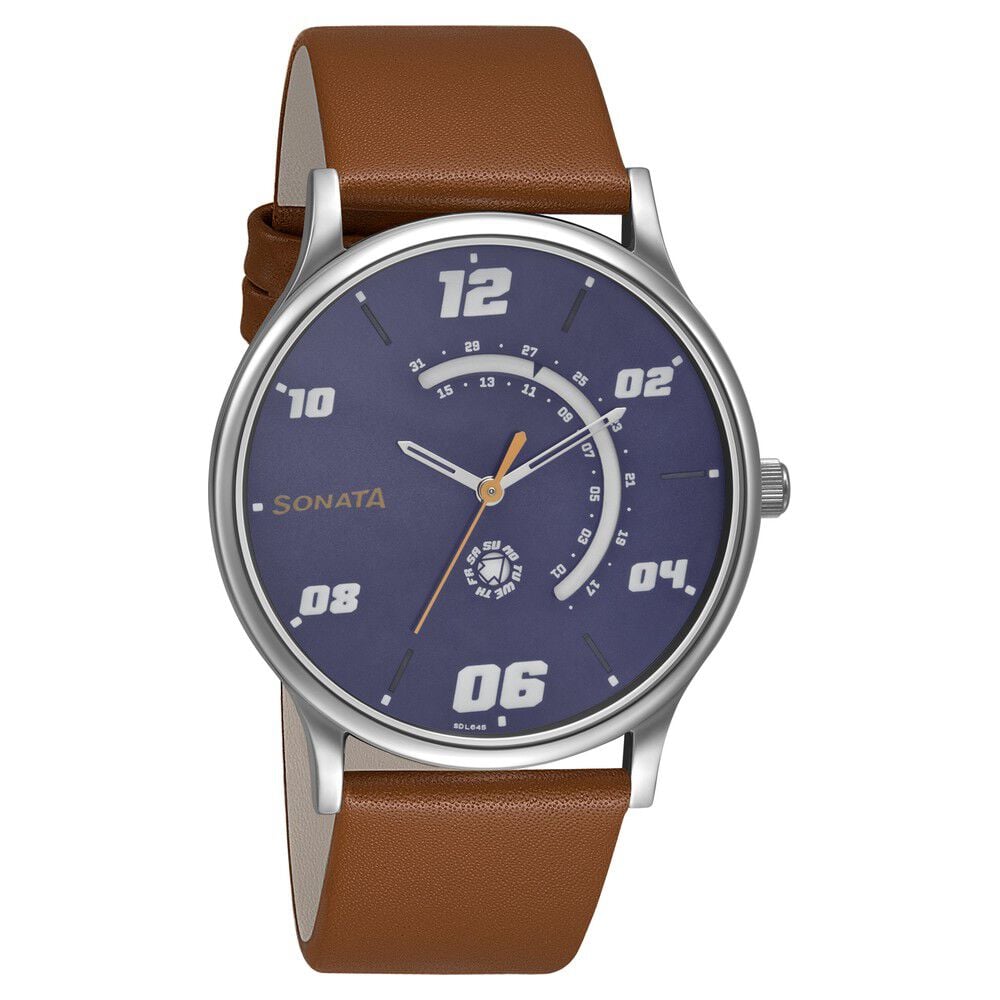 [77105sl04] Sonata RPM Quartz Analog with Day and Date Blue Dial Leather Strap Watch for Men