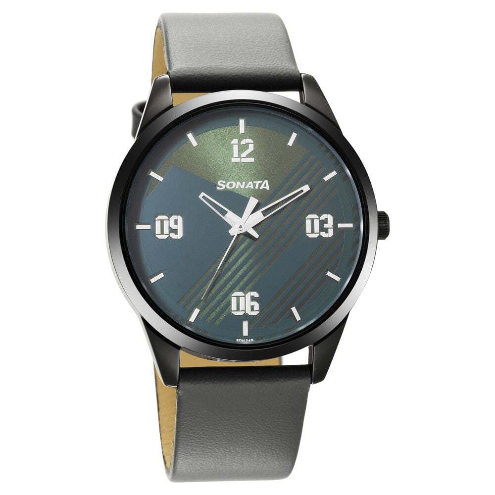 [7146nl03] Sonata Force Quartz Analog Green Dial Leather Strap Watch for Men