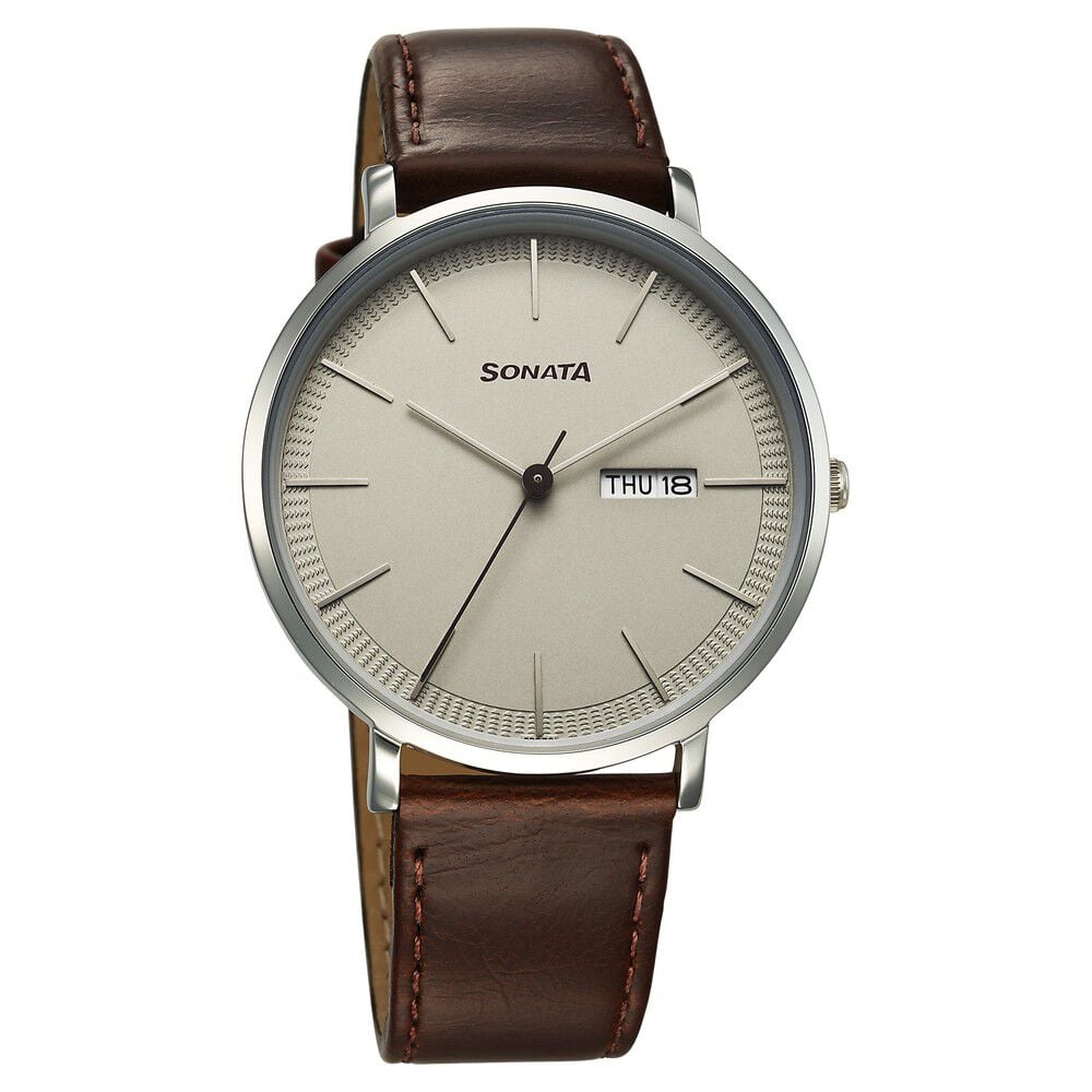 [77150sl05] Sonata Ascent Quartz Analog with Day and Date Grey Dial Leather Strap Watch For Men