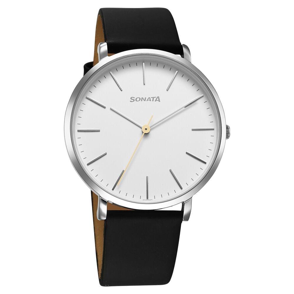 [77150sl01] Sonata Ascent Quartz Analog White Dial Leather Strap Watch For Men