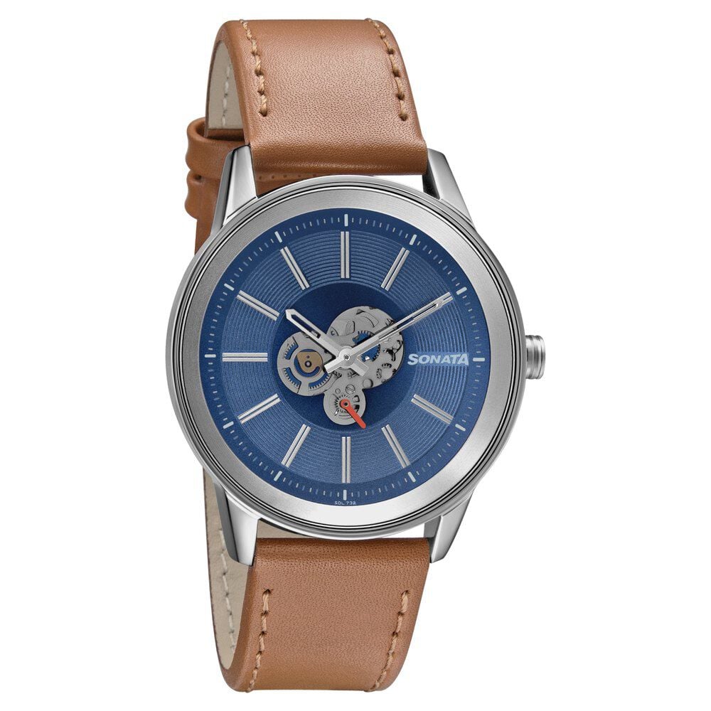 Sonata Quartz Multifunction Blue Dial Leather Strap Watch for Men