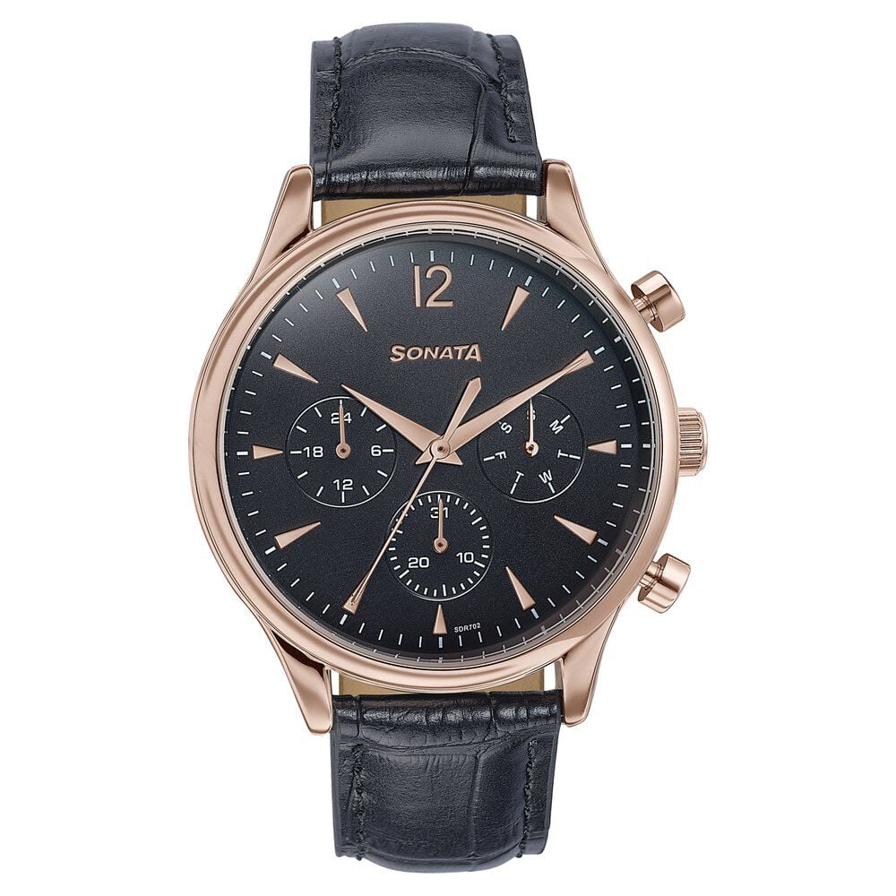 Sonata Wedding Edit Quartz Multifunction Black Dial Leather Strap Watch For Men