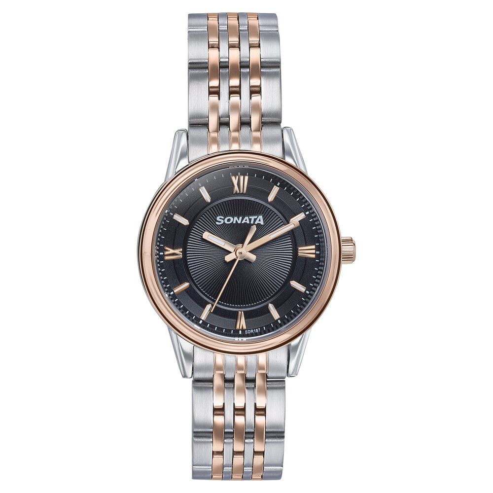 [87076KM02] Sonata Wedding Quartz Analog Black Dial Stainless Steel Strap Watch For Women