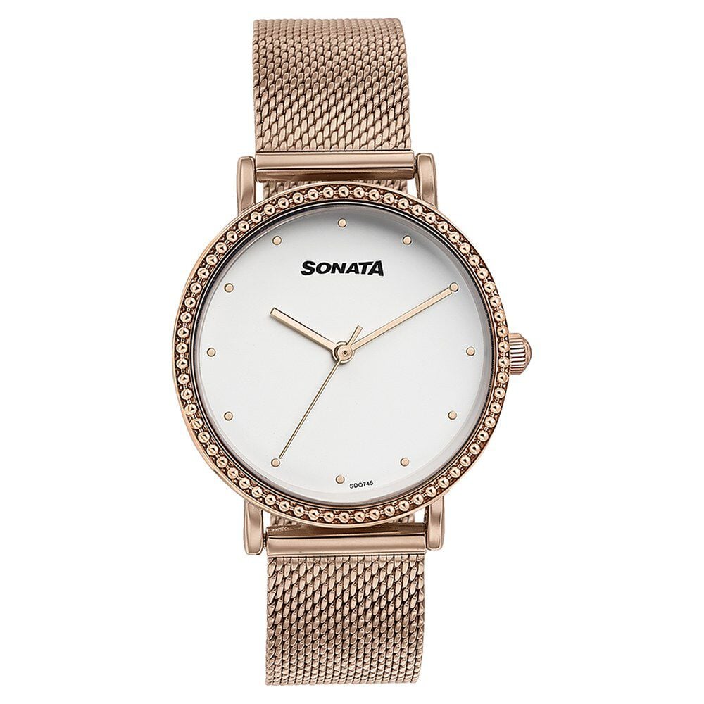 [87066WM01] Sonata Quartz Analog White Dial Rose Gold Stainless Steel Strap Watch For Women