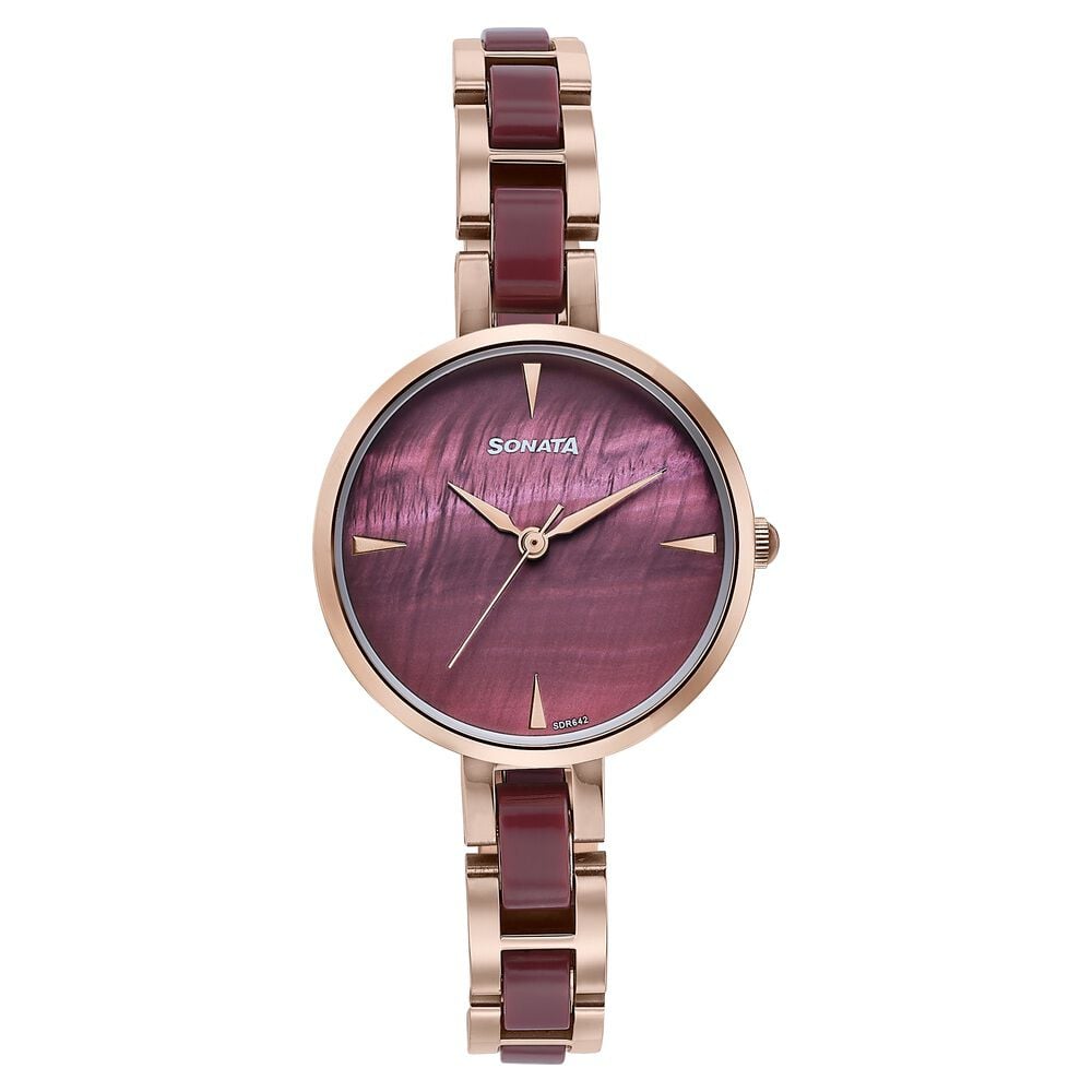 [87064kd05] Sonata Wedding Edit Quartz Analog Maroon Dial Stainless Steel With Acetate Strap Watch For Women
