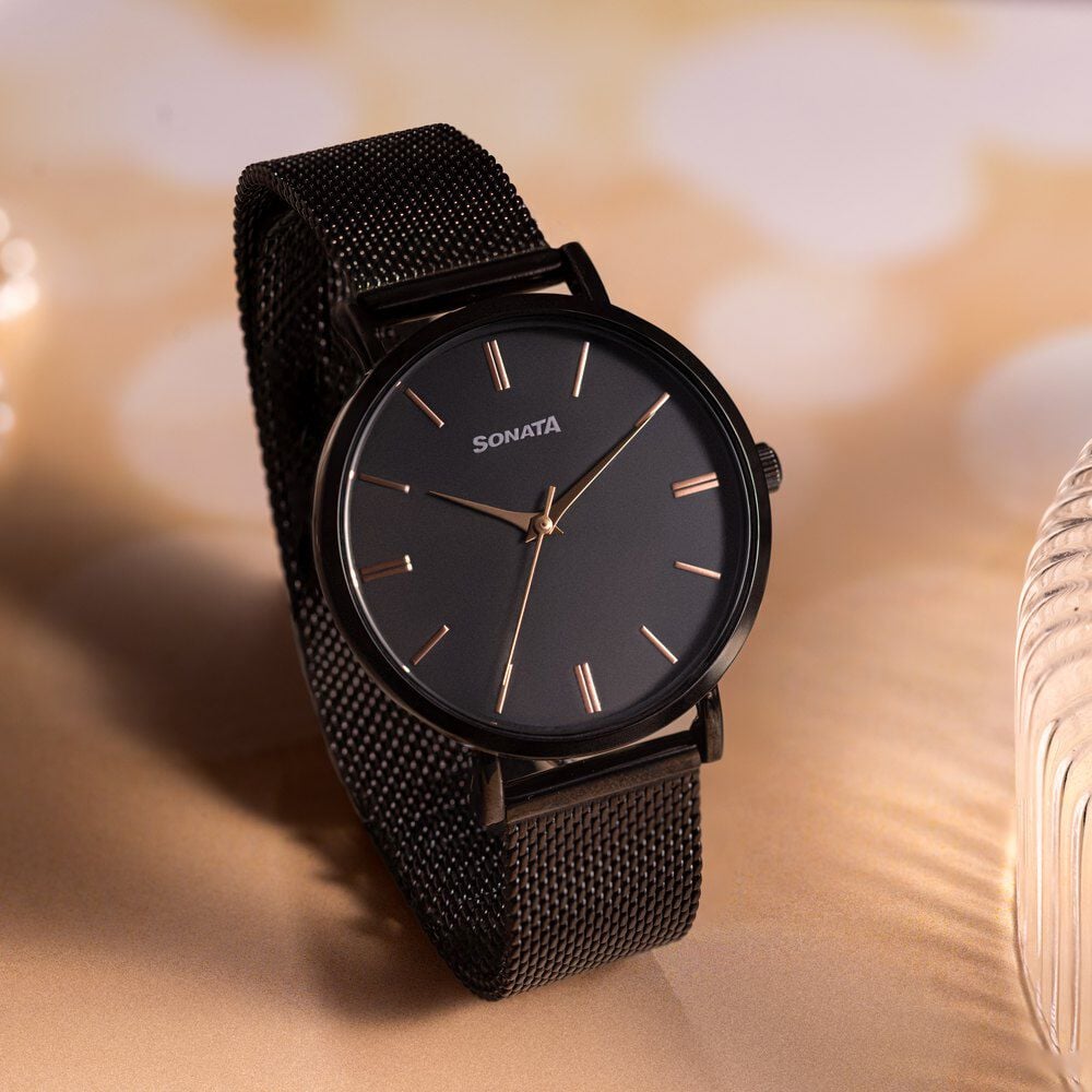 [87067nm01] Sonata Quartz Analog Black Dial Black Stainless Steel Strap Watch For Women